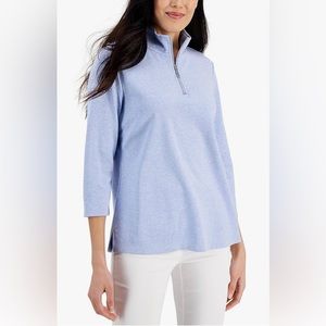 (L) $36.50|Karen Scott Cotton Quarter Zip-Neck, Light Blue Heather